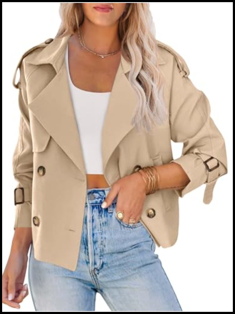 Women's Cropped Double Breasted Trench Coat With Pockets